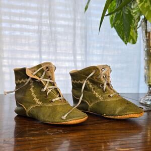 Pair of Beautiful Green Leather Antique Baby Shoes